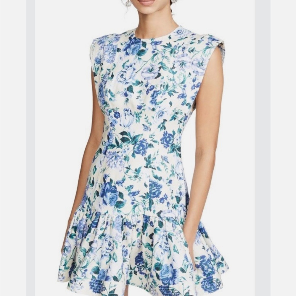 Zimmermann Moncur Flounce Linen Mini Dress White Blue Floral Size AU0 US 2